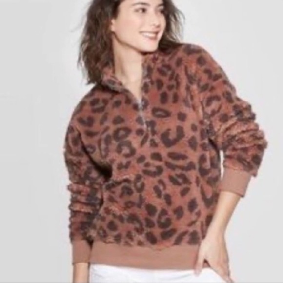 Grayson Threads | Brown Animal Print Teddy Pullover Jacket Sherpa Zip Chest - Picture 1 of 9